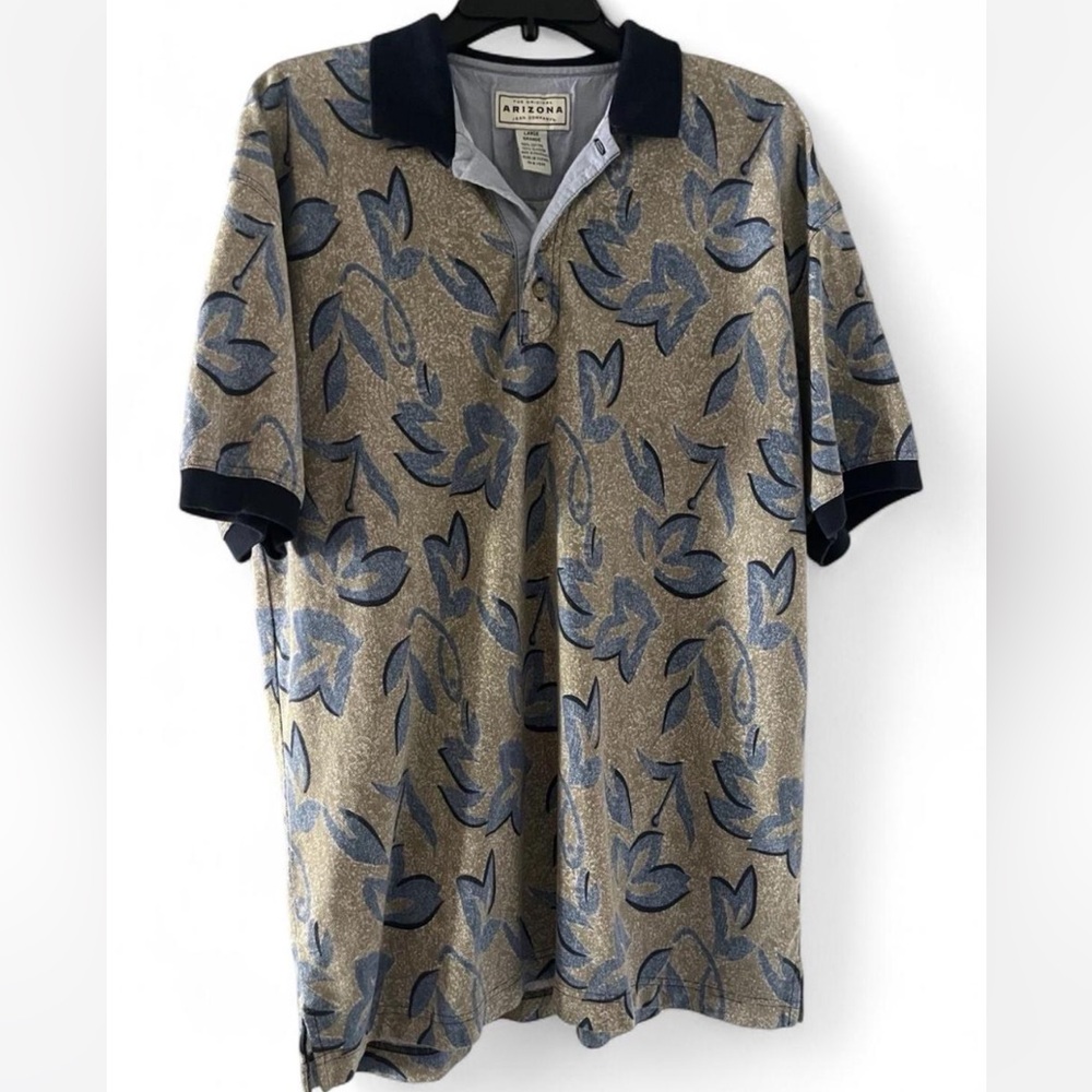 Arizona Jeans Co Navy floral print polo, Men’s large, capped sleeves, textured